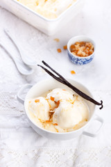 Vanilla ice cream with candied oranges on a white background