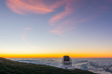 Astronomical observatory at top of the Taburiente at sunset, La Palma, Canary Islands, Spain