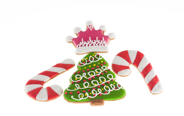 Christmas cookies xmas tree, two canes and pink crown
