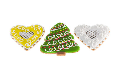 Christmas cookies xmas tree and two hearts
