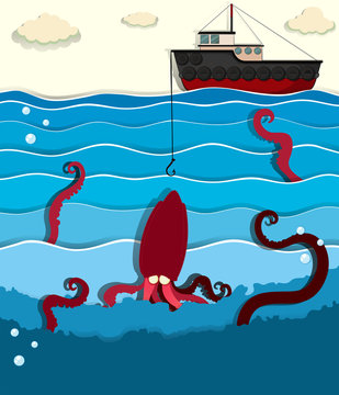 Giant octopus and fishing boat