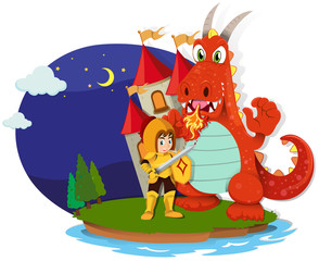 Naklejka premium Knight and dragon on the island