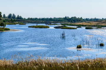 colorful landscape with a lake on a sunny autumn day, Russia, Ps