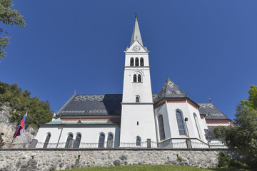 Fototapeta na wymiar Neo Gothic Church of Saint Martin at Bled lake, Slovenia