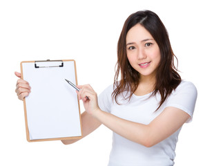 Asian young woman pen point to clipboard