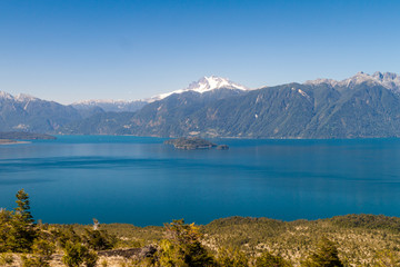 Fototapeta na wymiar Lago Todos los Santos (Lake of all the Saints) with Monte Tronador volcano in background, Chile