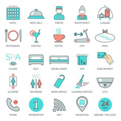 25 line hotel services icons. Logo, glyphs and pictogram collection. Vector