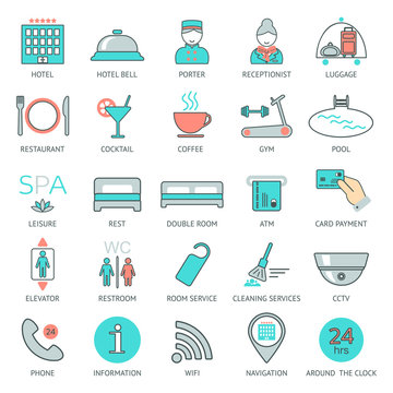 25 line hotel services icons. Logo, glyphs and pictogram collection. Vector