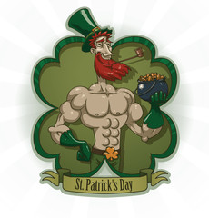 Vector label with the cartoon image of Saint Patrick with red hair, beard in green trousers, gloves, hat, with pipe and pot of gold in his hand on green background. In the theme of St. Patrick's Day.