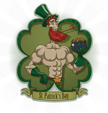 Vector label with the cartoon image of Saint Patrick with red hair, beard in green trousers, gloves, hat, with pipe and pot of gold in his hand on green background. In the theme of St. Patrick's Day.