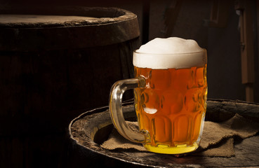 Still life: old wooden pin of beer