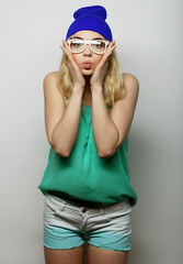 young hipster blonde woman with glasses