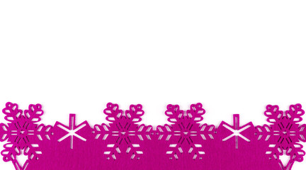 Unusual design christmas background with pink snowflakes and copy space on white background