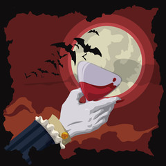 Vampire Toast at Red Night with Moon and Bats, Vector Illustration