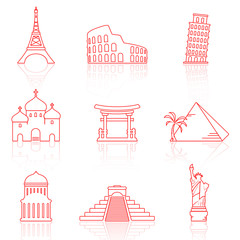 World landmarks line icons with reflection