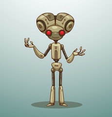 Vector smart robot light gray. Image of a smart robot light gray color with big brains and red eyes on a light blue background.