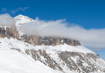 Fototapeta na wymiar Dolomites Alps - overlooking the Sella group in Val Gardena. Italy