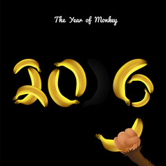 Symbol of 2016 made made from bananas. Monkey steals banana. Vector element for New Year's design. Illustration of 2016 year of the monkey.