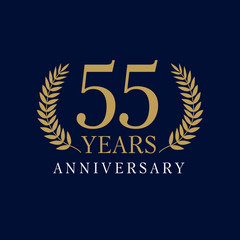 55 anniversary royal logo.  Template logo 55th anniversary with a frame in the form of laurel branches and the number 55 