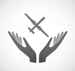 Two hands offering a war drone