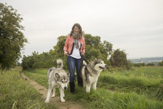 Beautiful Girl Holding Two Large Huskey Dogs On A Leash.