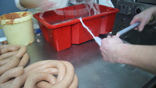 Traditional sausage during the preparation in meat factory