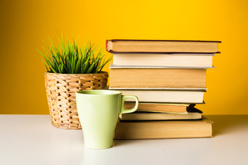 Books on yellow background