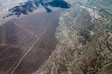 Aerial view of geoglyphs near Nazca - famous Nazca Lines, Peru.