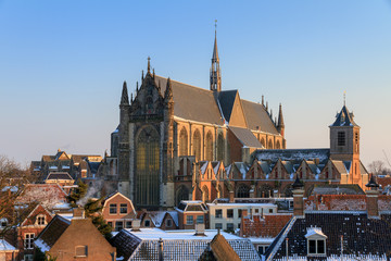 Cityscape skyline of the Hooglandse kerk (church) in Leiden, the Netherlands in winter