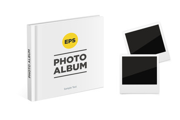 Photo album book with white cover and Vintage photo frames. Vector mockup