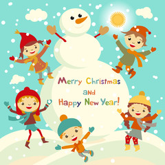 Obraz na płótnie Canvas Shiny vector christmas background with funny snowman and children. Happy new year postcard design with boy and girl enjoying the holiday. Winter snow with bokeh effect. 2016 card