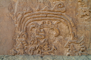 Detail of a rainbow decoration at archeological site Huaca Arco Iris (Rainbow Temple) in Trujillo, Peru