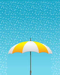 Vector illustration of striped opened umbrella icon with heavy fall rain in the blue sky. Care and weather protection