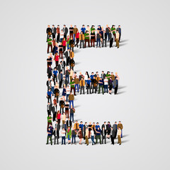 Large group of people in letter E form