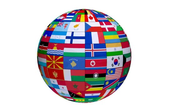 Globe with all world countries flags looping with white background