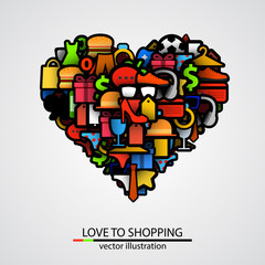 Creative heart sign made of shopping items. Vector