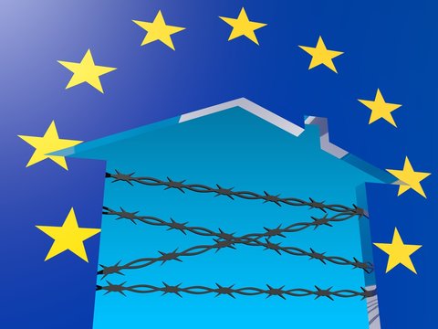 barbed wire closed home icon textured by europe flag