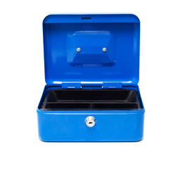 opened blue safe box isolated over white
