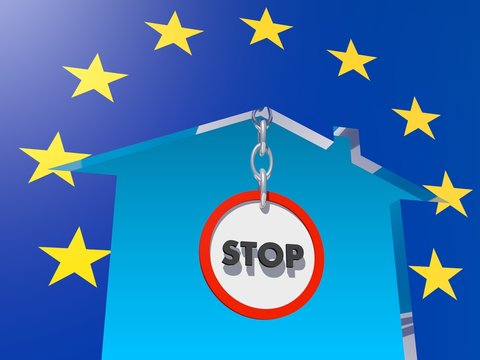 road stop sign in home icon textured by europe flag
