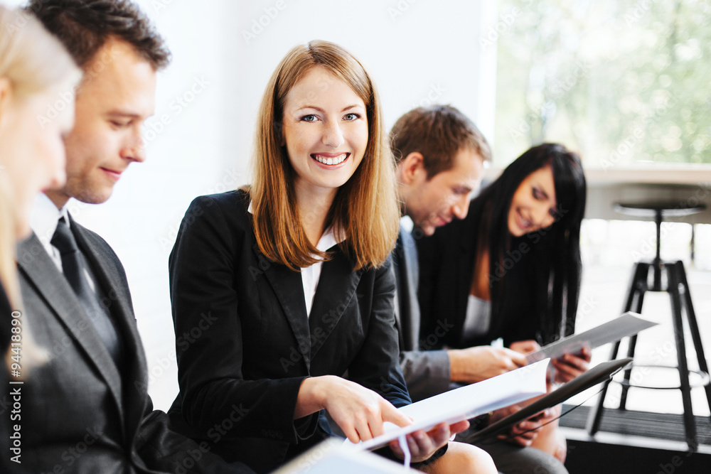 Poster happy young female student befor exam