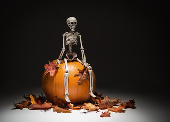 Naklejka premium Skeleton With Pumpkin & Leaves