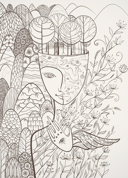 Vector contour illustration of the goddess of Mother Nature