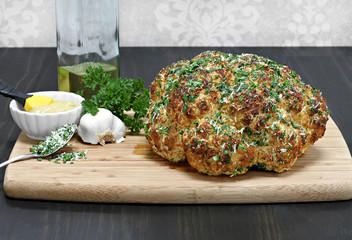 Whole head of roasted cauliflower.