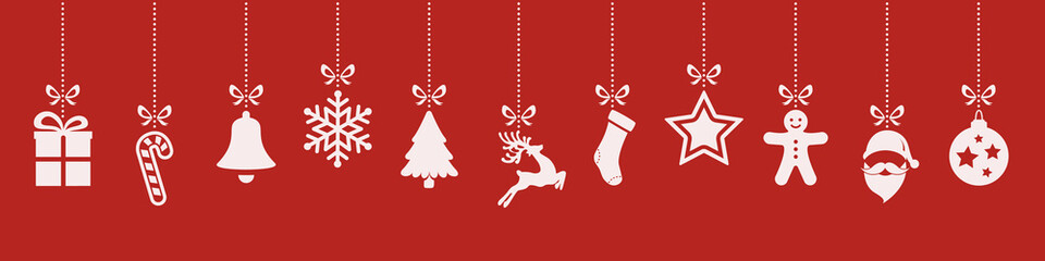 christmas ornaments hanging red background