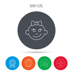 Baby girl face icon. Child with smile sign.
