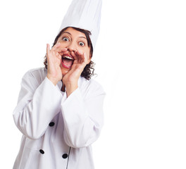 portrait of a mature cook woman screaming on a white background