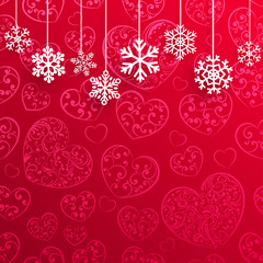 Christmas background with hanging snowflakes on background of he