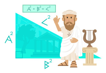 Pythagoras - Cute cartoon of Pythagoras pointing at his formula and a big right angled triangle with Greece landscape in the background. Eps10