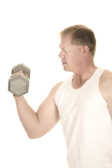 man in white tank top curl weight close