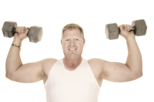 Man In White Tank Top Flex With Two Weights